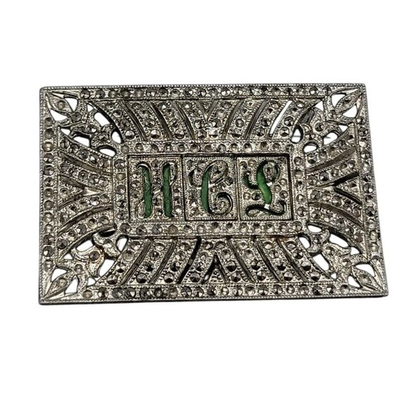 Marcasite Silver Plated Monogram Brooch Art Deco Style HCL? Vintage 1950s - Picture 1 of 9